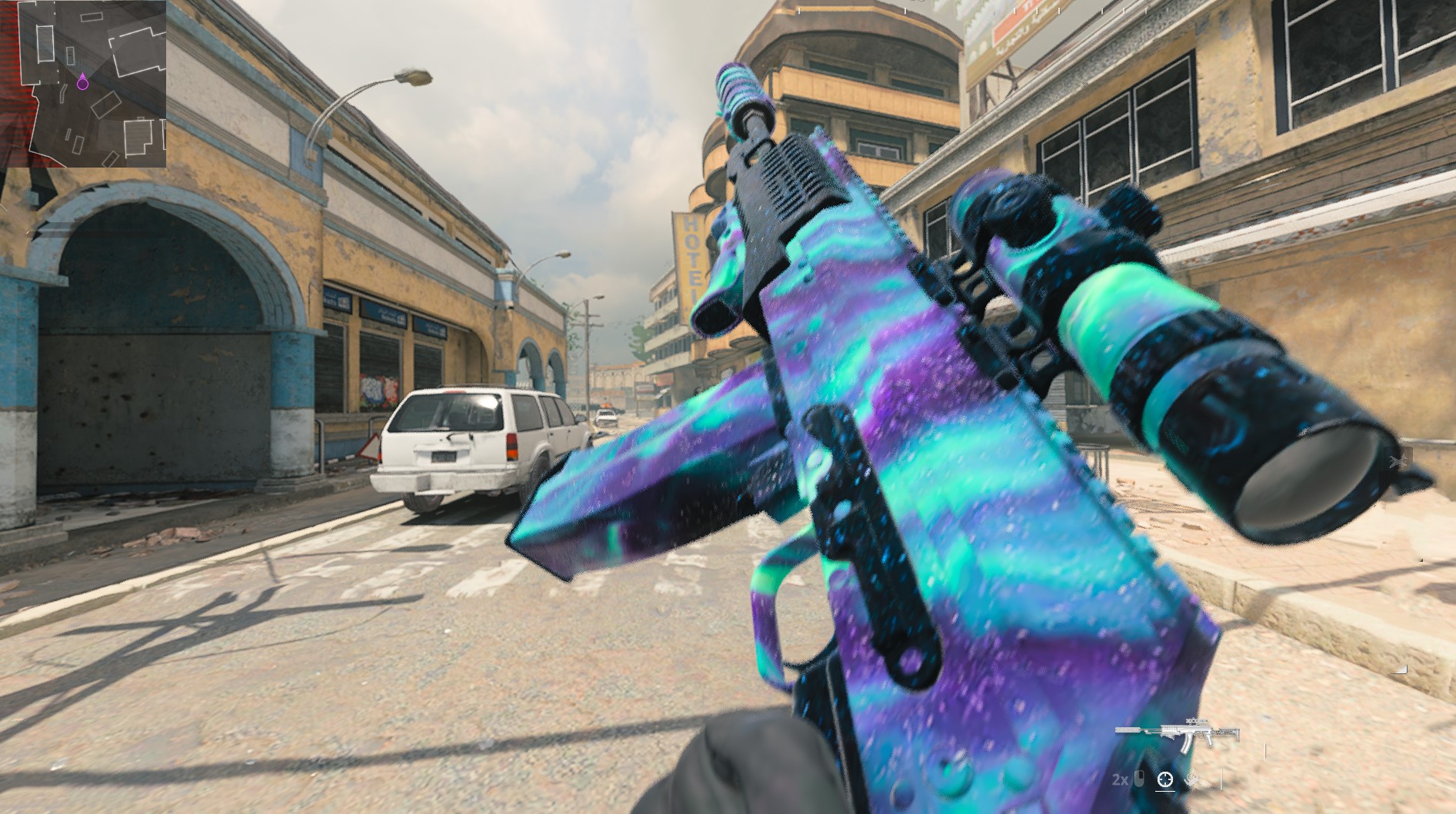 Close-up of a ar with a blue and green borealis camo skin in Call of Duty: Modern Warfare 3 Zombies.